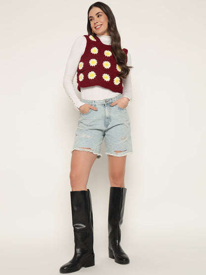 Maroon Cropped Daisy Vest