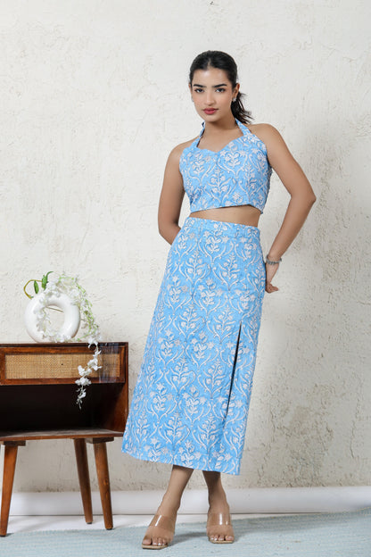 Slit Skirt Blue Co-ord Set