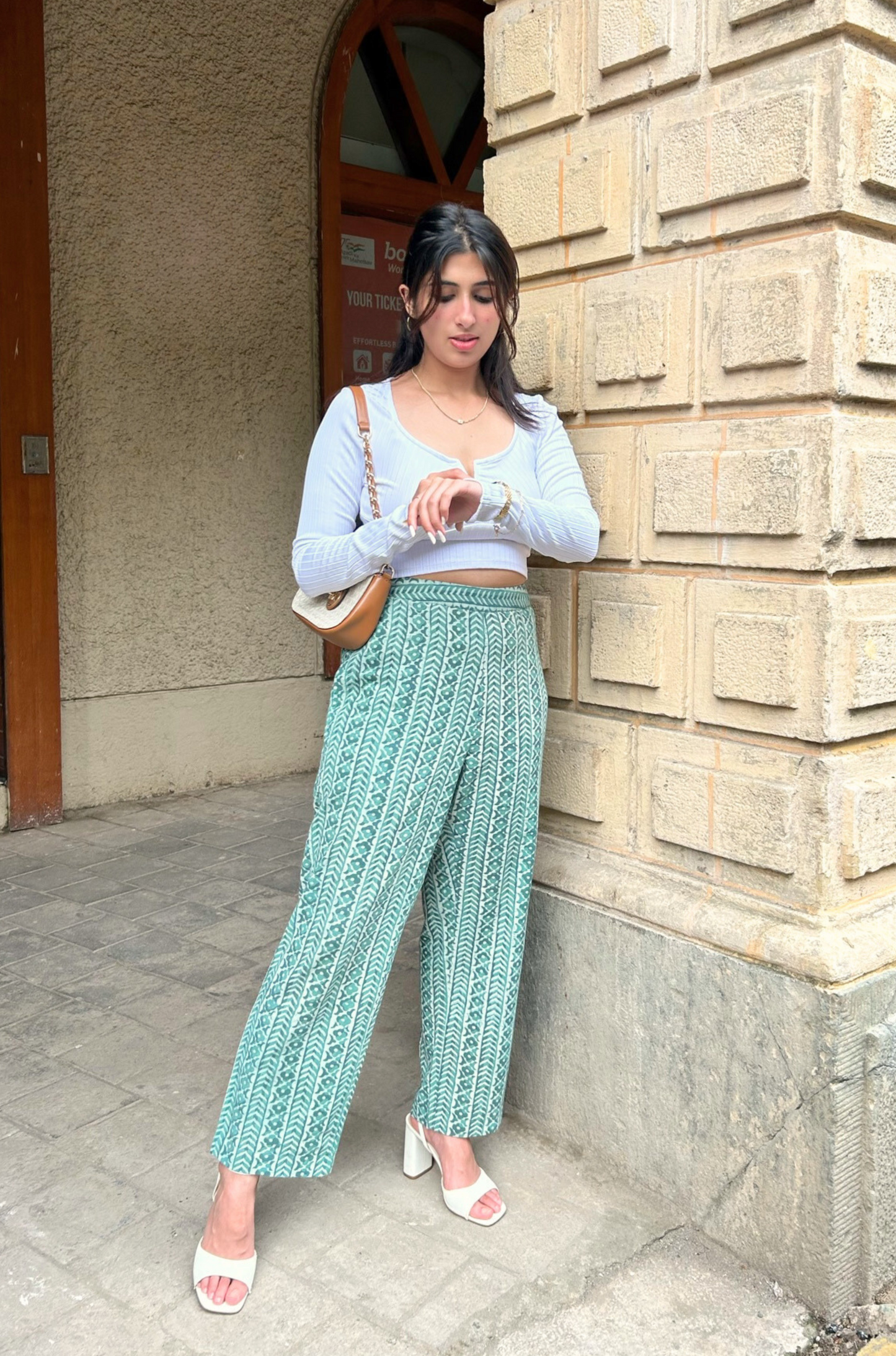 Sage Green Hand-Block Printed Pants with Pockets