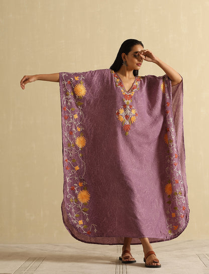 Mauve Aari Embroidered Kashmiri Long Kaftan