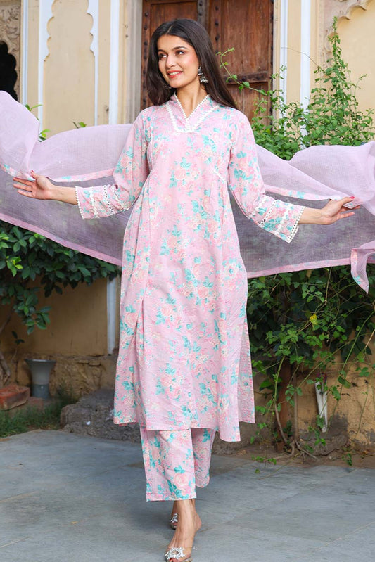 Blush Pink Cotton Suit Set With Floral Lace