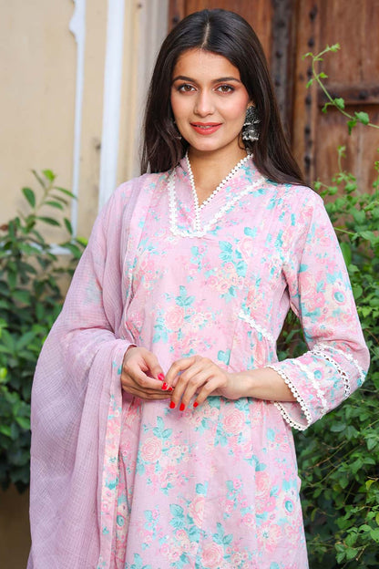 Blush Pink Cotton Suit Set With Floral Lace