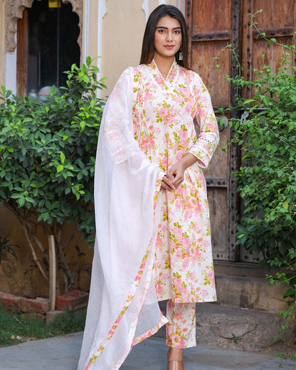 White Peach Cotton Suit Set With Kota Dupatta