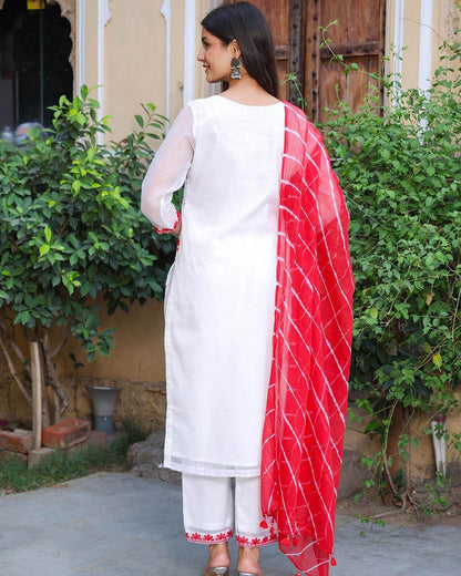 White Red Kota Doria Suit With Leheriya Dupatta