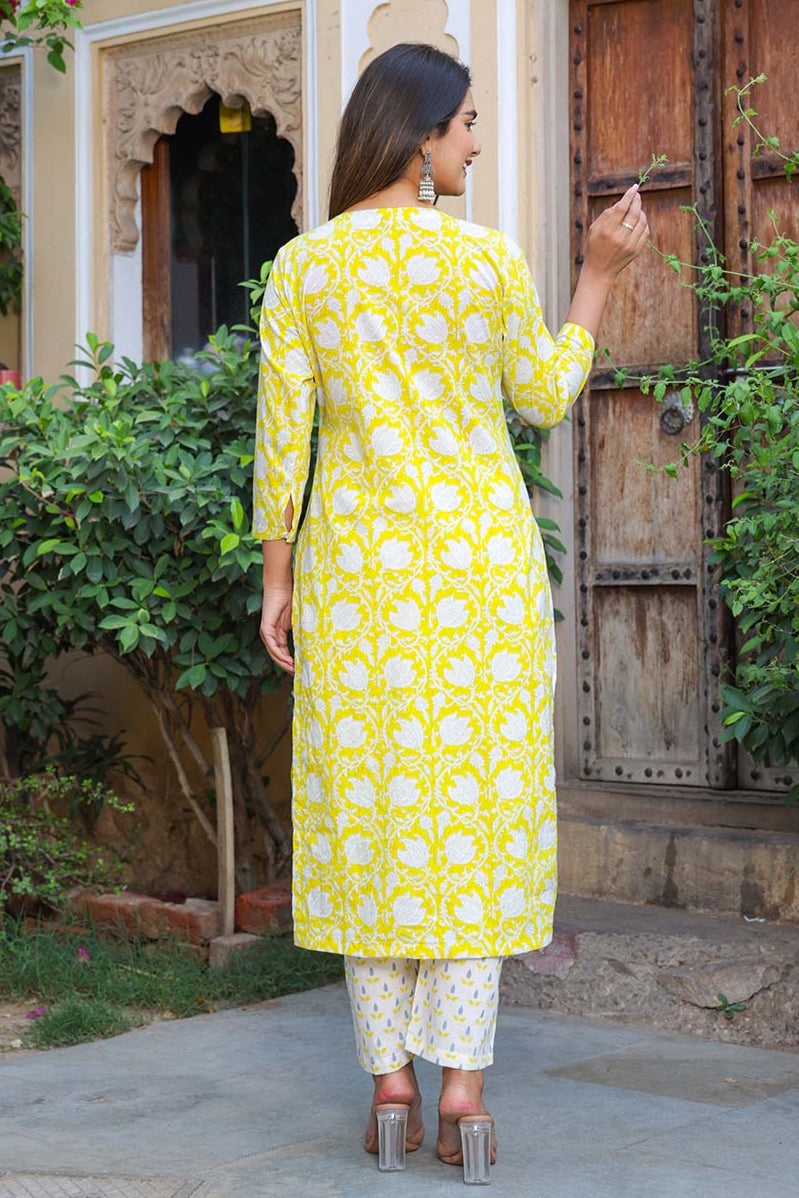 Lime Yellow Cotton Suit Set With Kota Dupatta