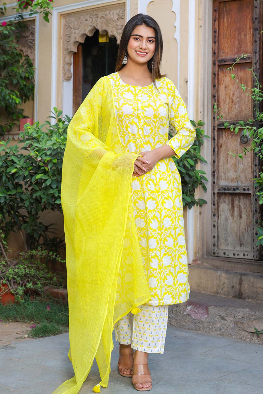 Lime Yellow Cotton Suit Set With Kota Dupatta