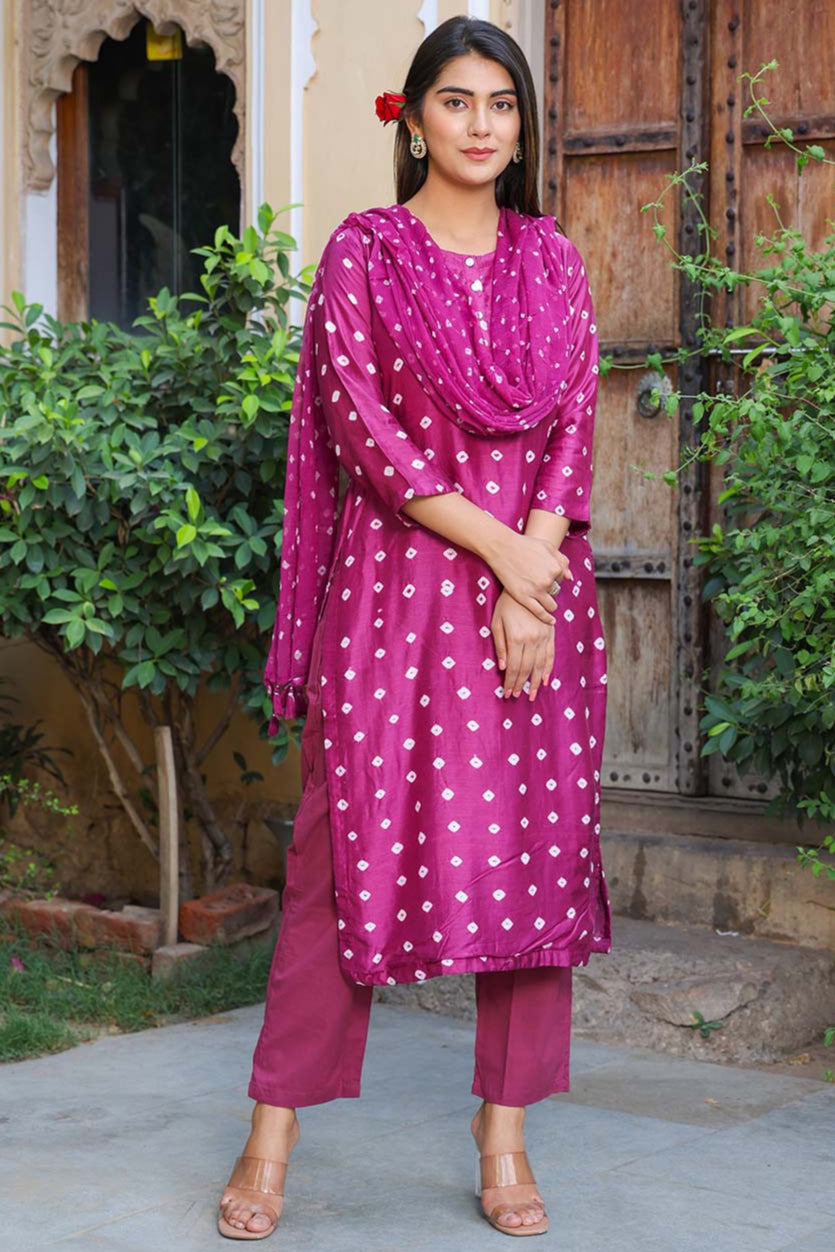 Magenta Cotton Silk Bandhej Suit Set