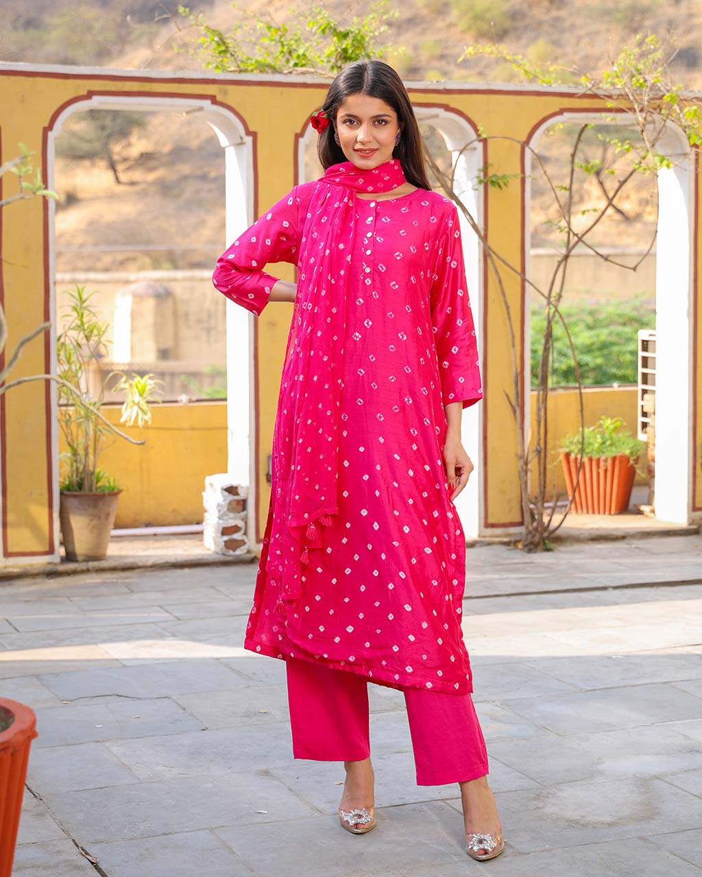 Rani Cotton Silk Bandhej Suit Set