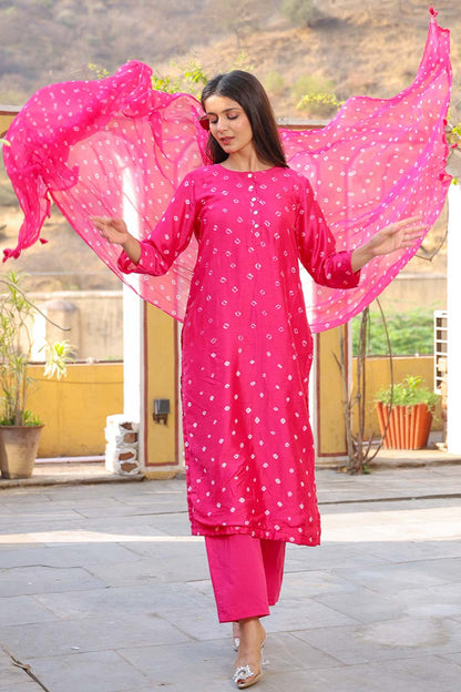 Rani Cotton Silk Bandhej Suit Set