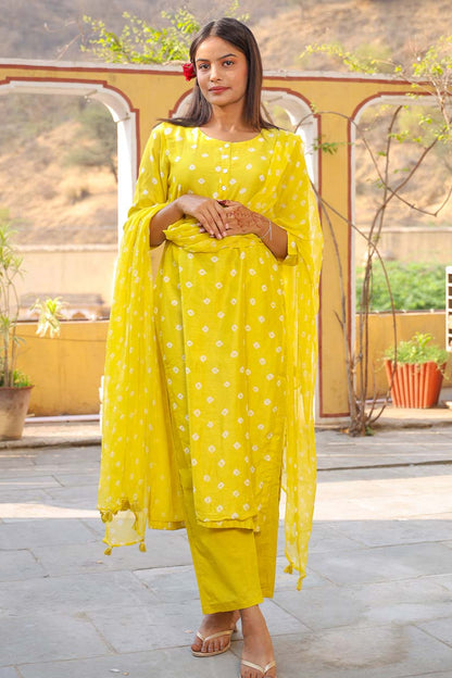 Lime Cotton Silk Bandhej Suit Set