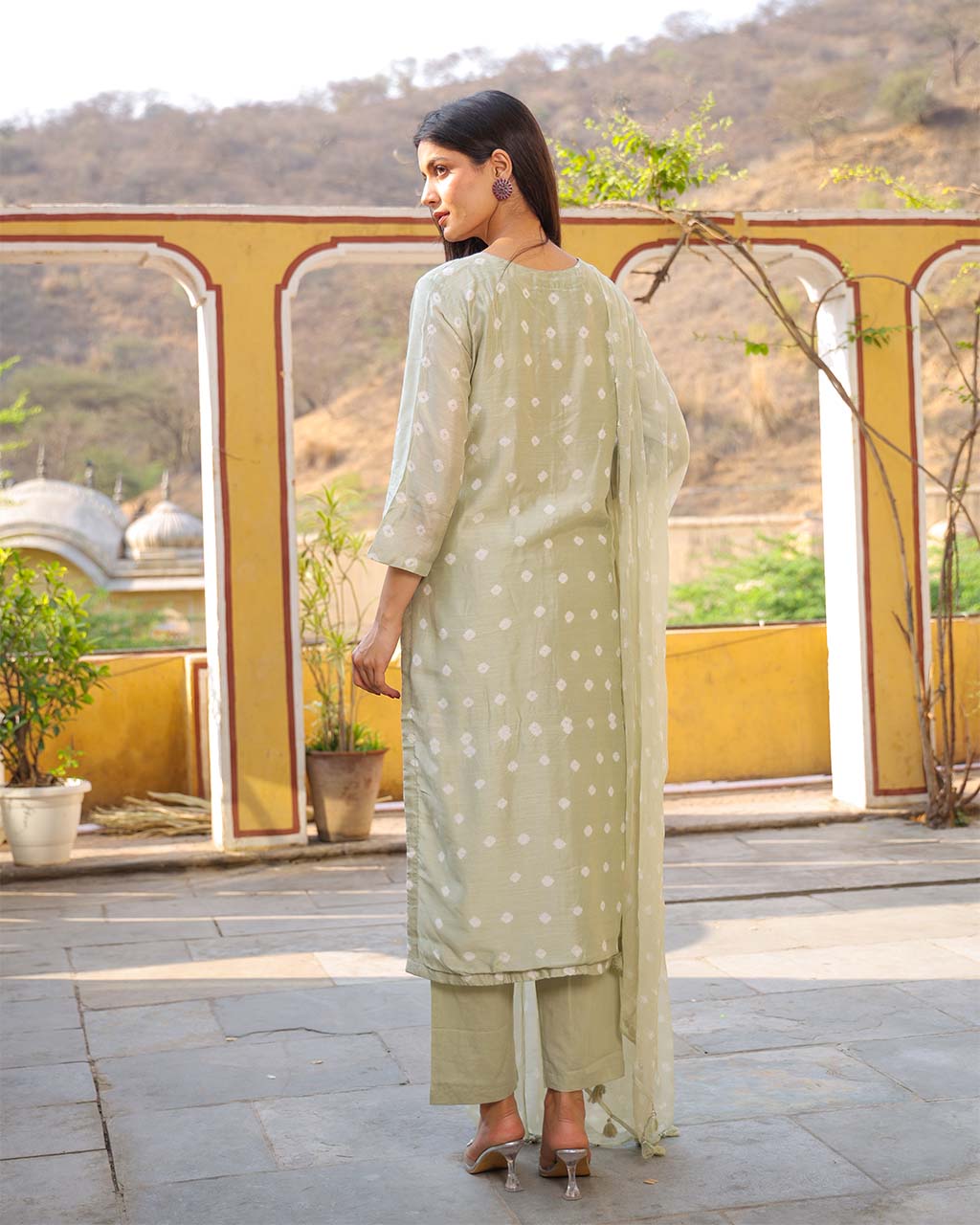 Pista Green Cotton Silk Bandhej Suit Set