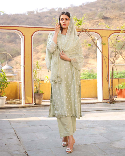 Pista Green Cotton Silk Bandhej Suit Set