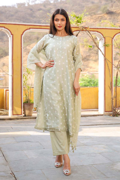 Pista Green Cotton Silk Bandhej Suit Set