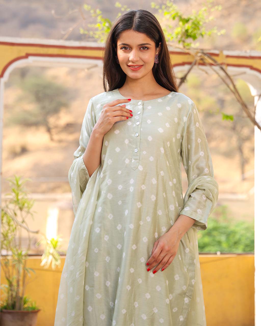 Pista Green Cotton Silk Bandhej Suit Set