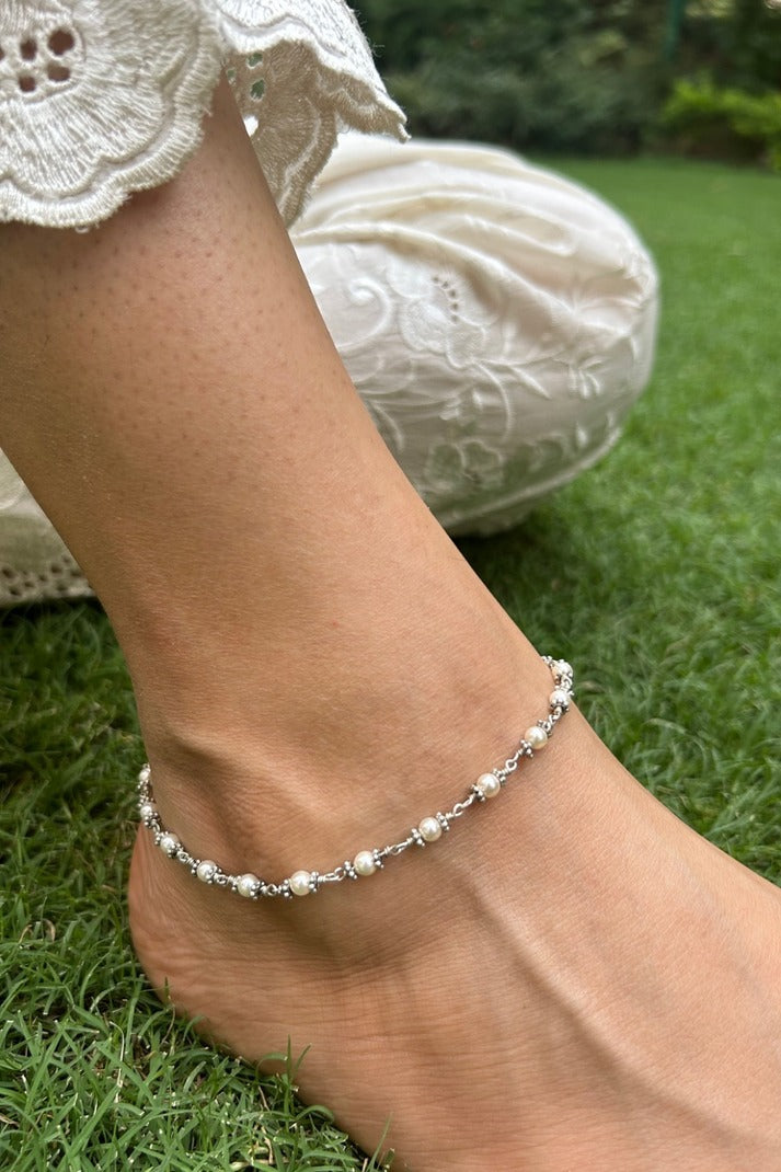 Silver Pearl Chain Ghungaroo Anklets