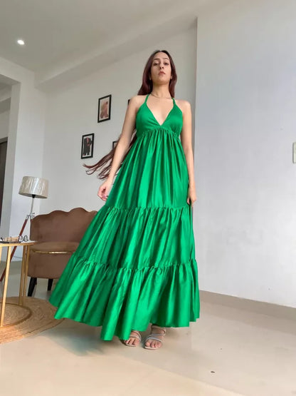 Green Satin Halter Neck Dress