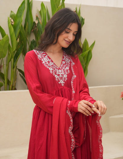 Hand Dyed Red Chanderi Aari Embroidered Anarkali Set