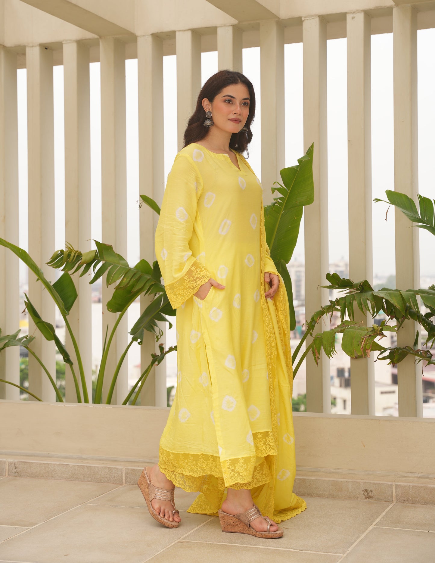 Yellow Hand-dyed Maslin Bandhej Suit Set