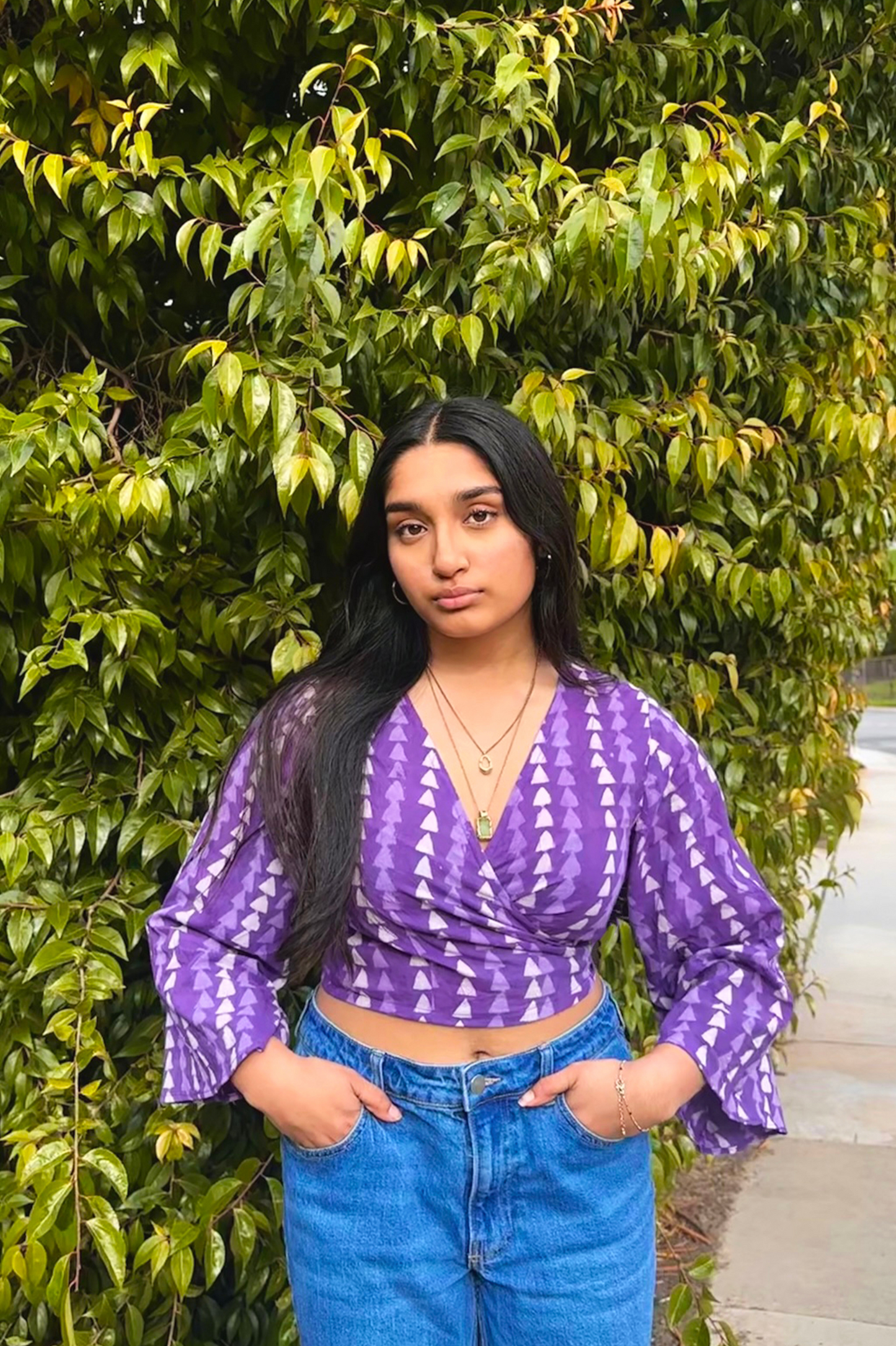 Pure Cotton Hand-Block Print Violet Wrap Top in Purple