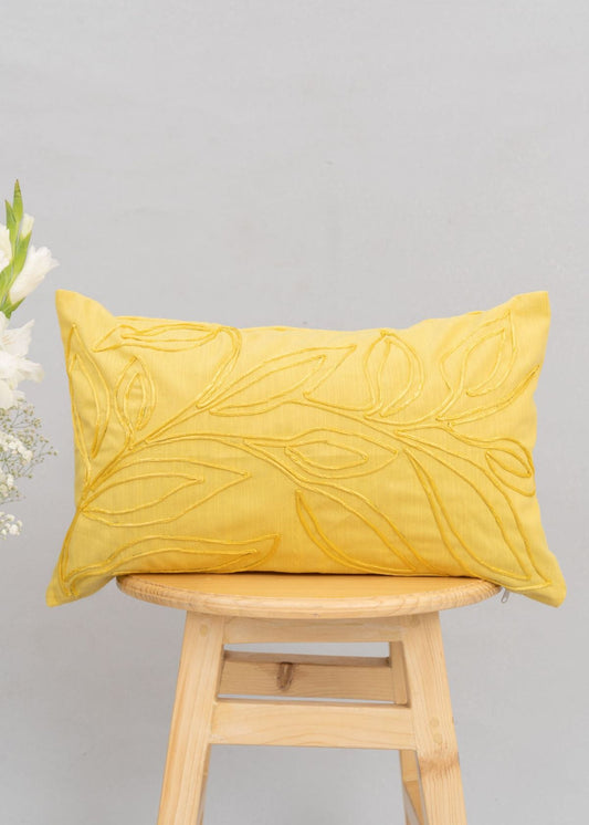 Leafy Affair Yellow Printed 100% Cotton Cushion Cover