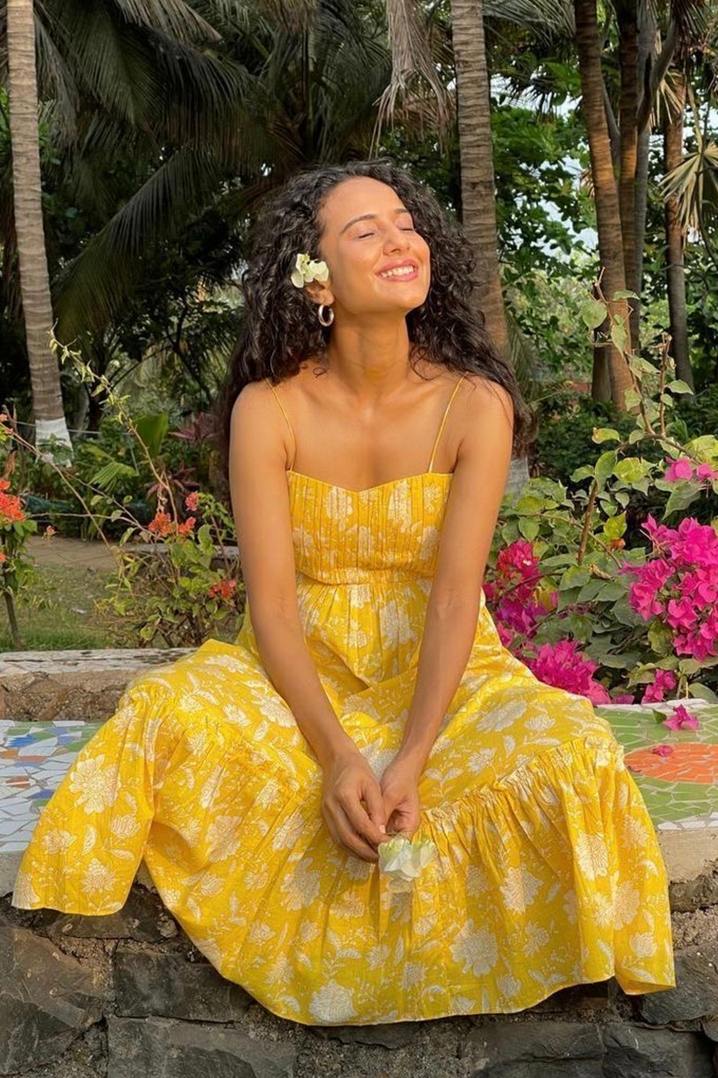 Yellow Floral Print Sundress In Soft Cotton Hand-printed Fabric with Pocket