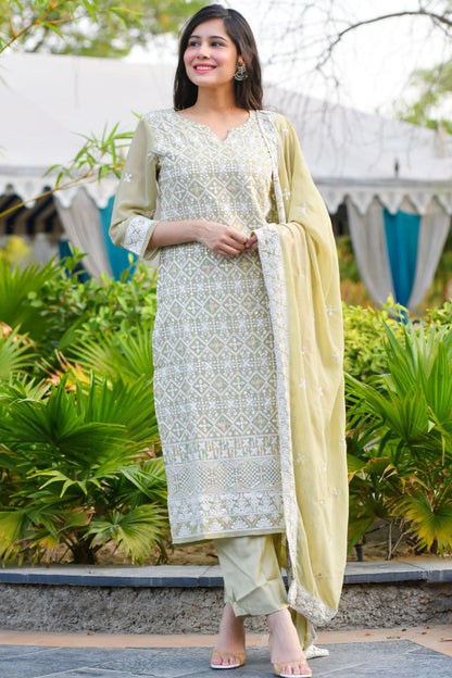 Olive Georgette Suit Set With Embroidery