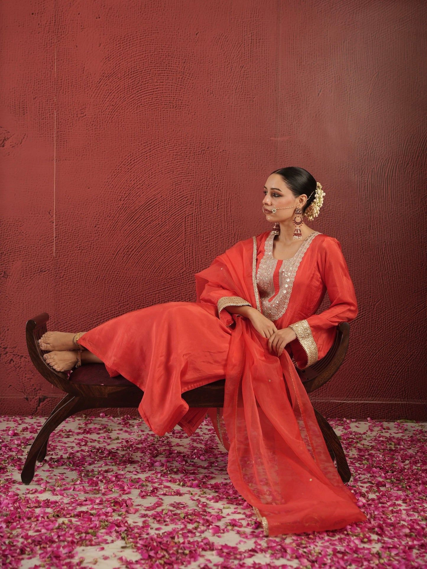 Chaand Hand-dyed Red Silk Zariwork Suit Set