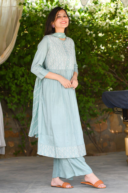 Fern Green Muslin Suit Set With Embroidery