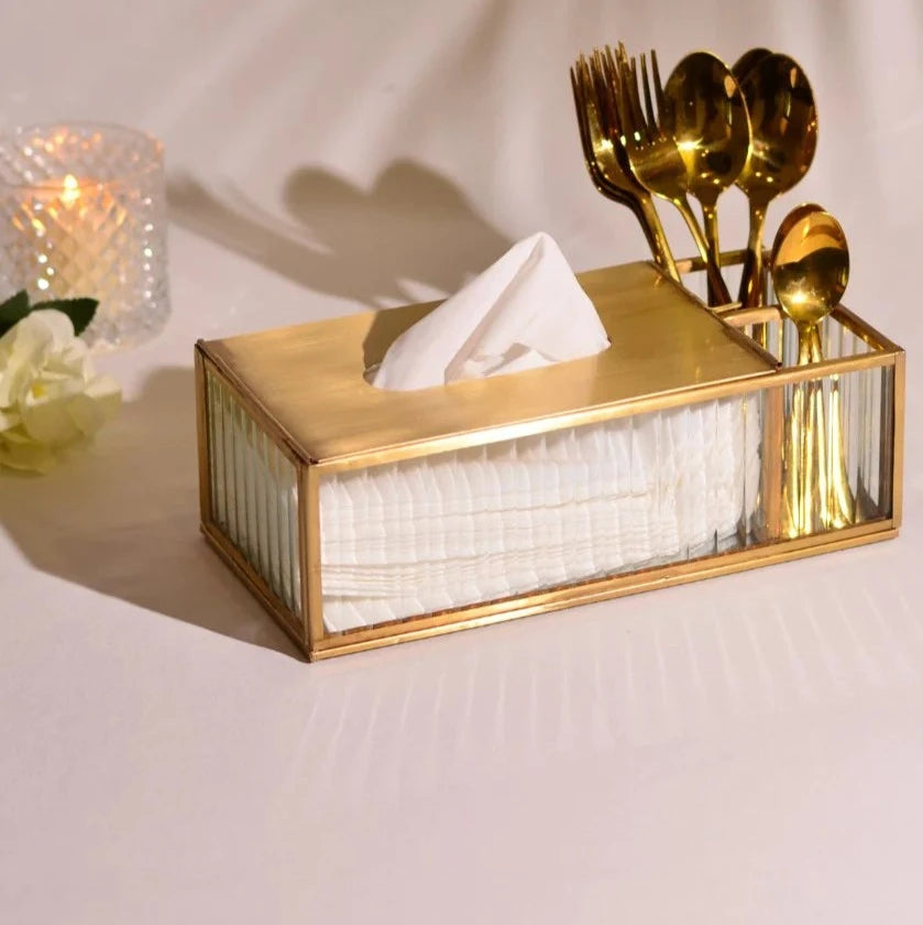 Fluted Glass Tissue Holder with Brass Top