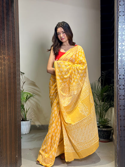 Yellow Poppins Candy Mulmul Cotton Saree