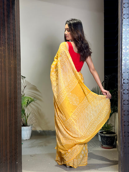 Yellow Poppins Candy Mulmul Cotton Saree