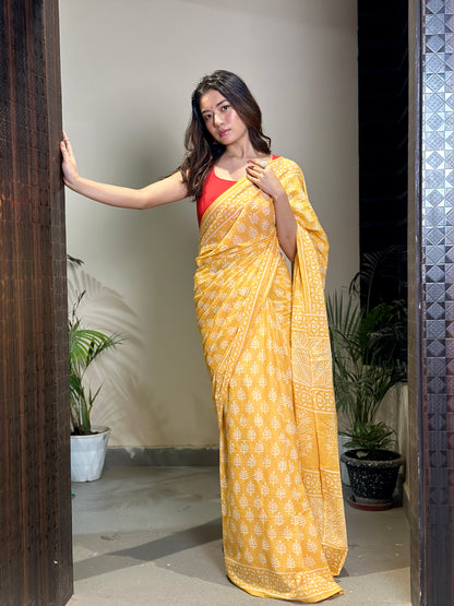 Yellow Poppins Candy Mulmul Cotton Saree