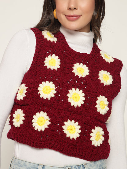 Maroon Cropped Daisy Vest