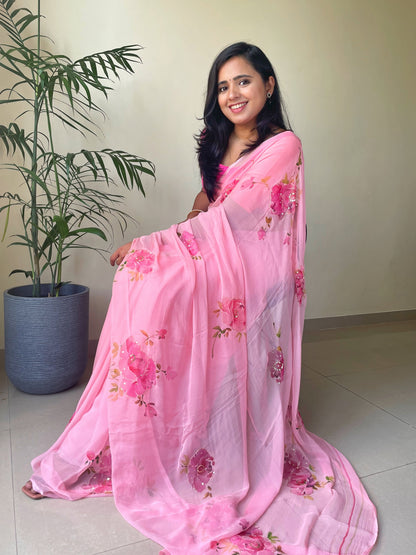 Rose Handpainted Chiffon Saree