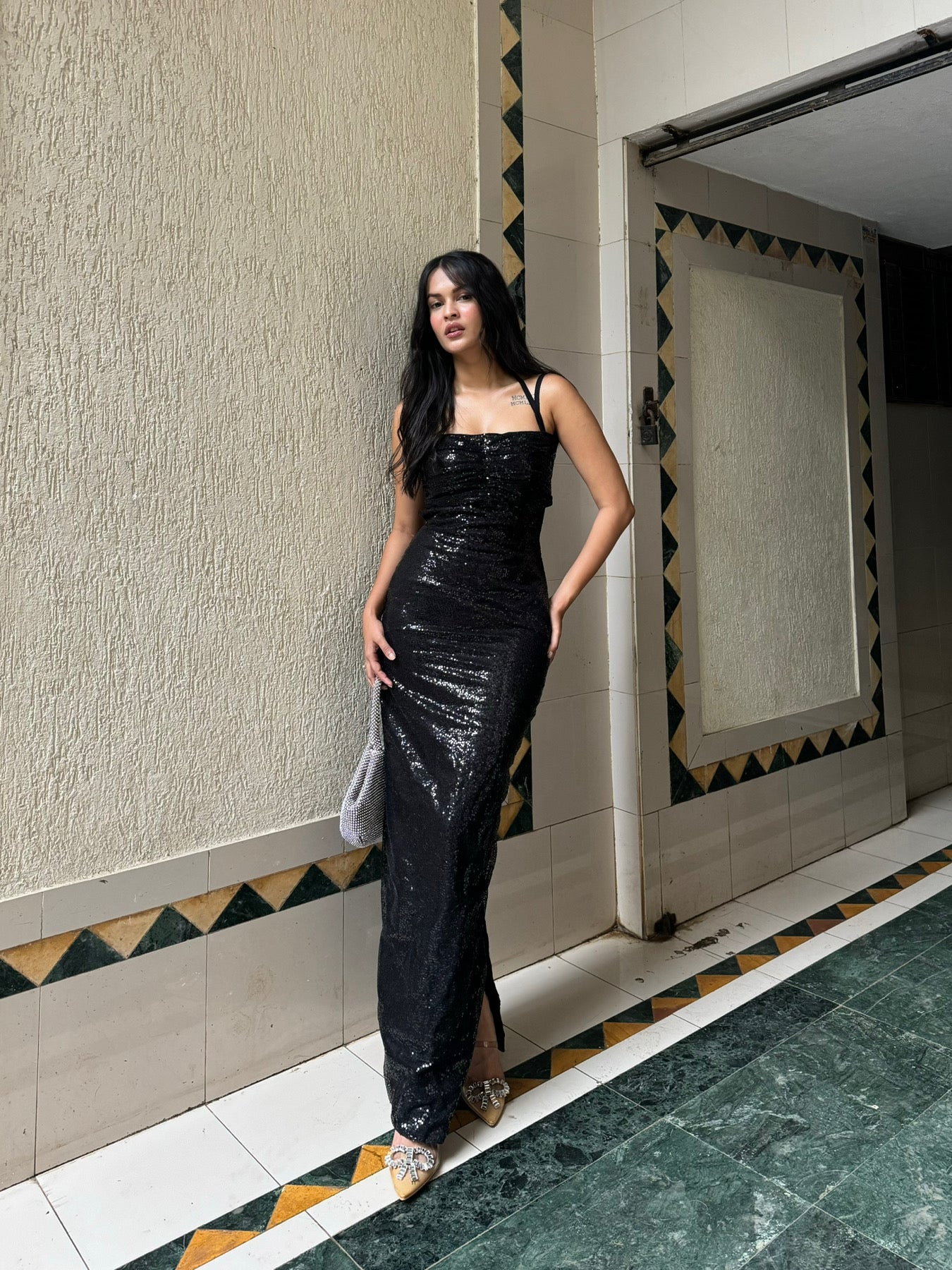 Sequin Black Maxi Cut-Out Dress