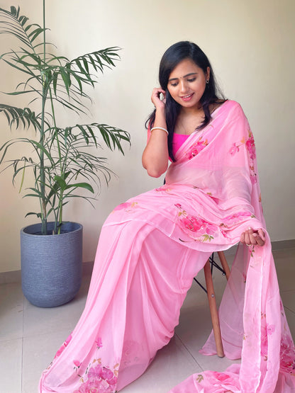 Rose Handpainted Chiffon Saree