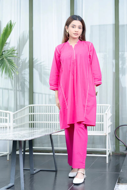 Solid Pink Cotton Kurta & Pant Set