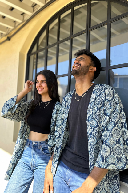 Freesize Unisex Ajrak Hand-Printed Cotton Shrug in Blue