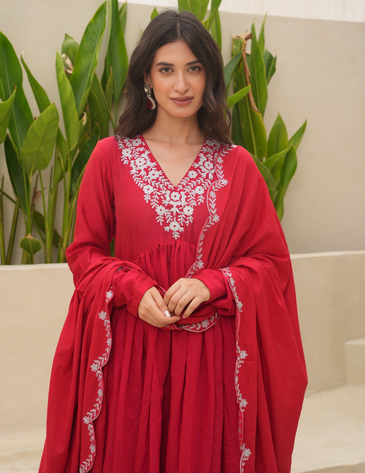 Hand Dyed Red Chanderi Aari Embroidered Anarkali Set