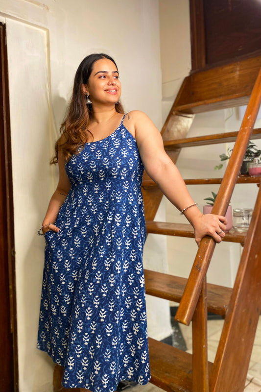 A-Line Indigo Block Print Cotton Dress with Pocket