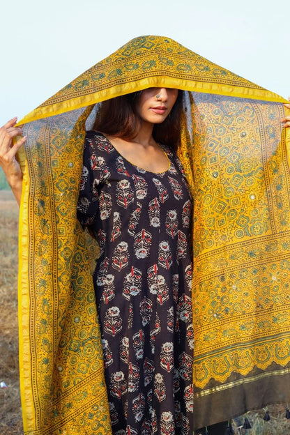 Yellow Ajrakh Chanderi Silk Dupatta with mirror work