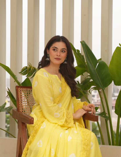 Yellow Hand-dyed Maslin Bandhej Suit Set