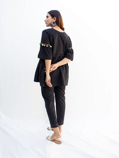 Nyah Black Cotton Coord Set with Katha Embroidery