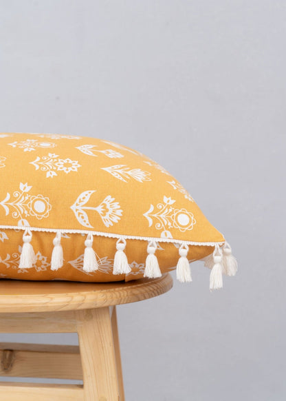 Dahlia Printed 100% Cotton Floral Cushion Cover For Sofa With Tassels - Mustard