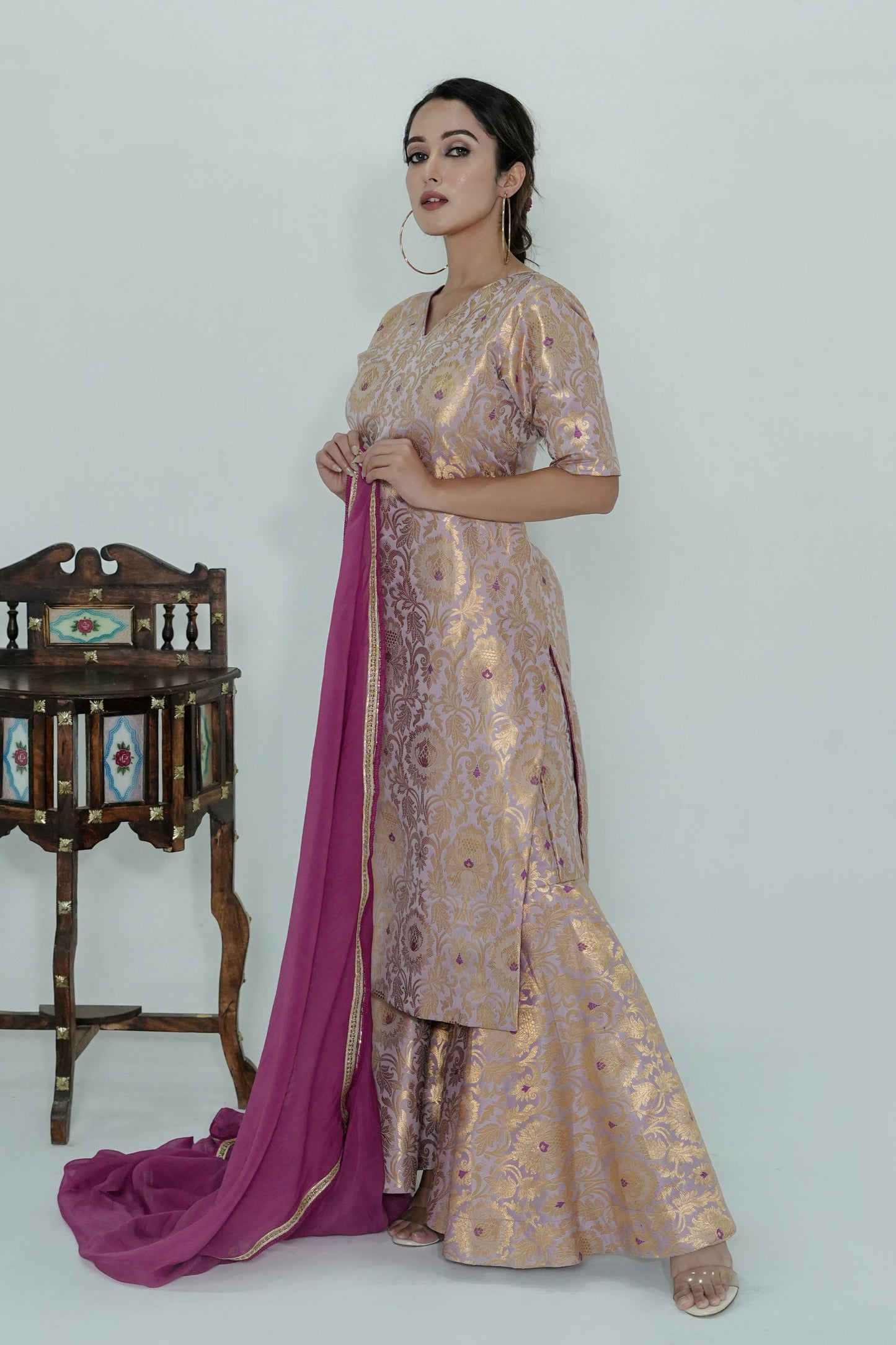 Meera Banarasi Silk Brocade Gharara Set - Lavender