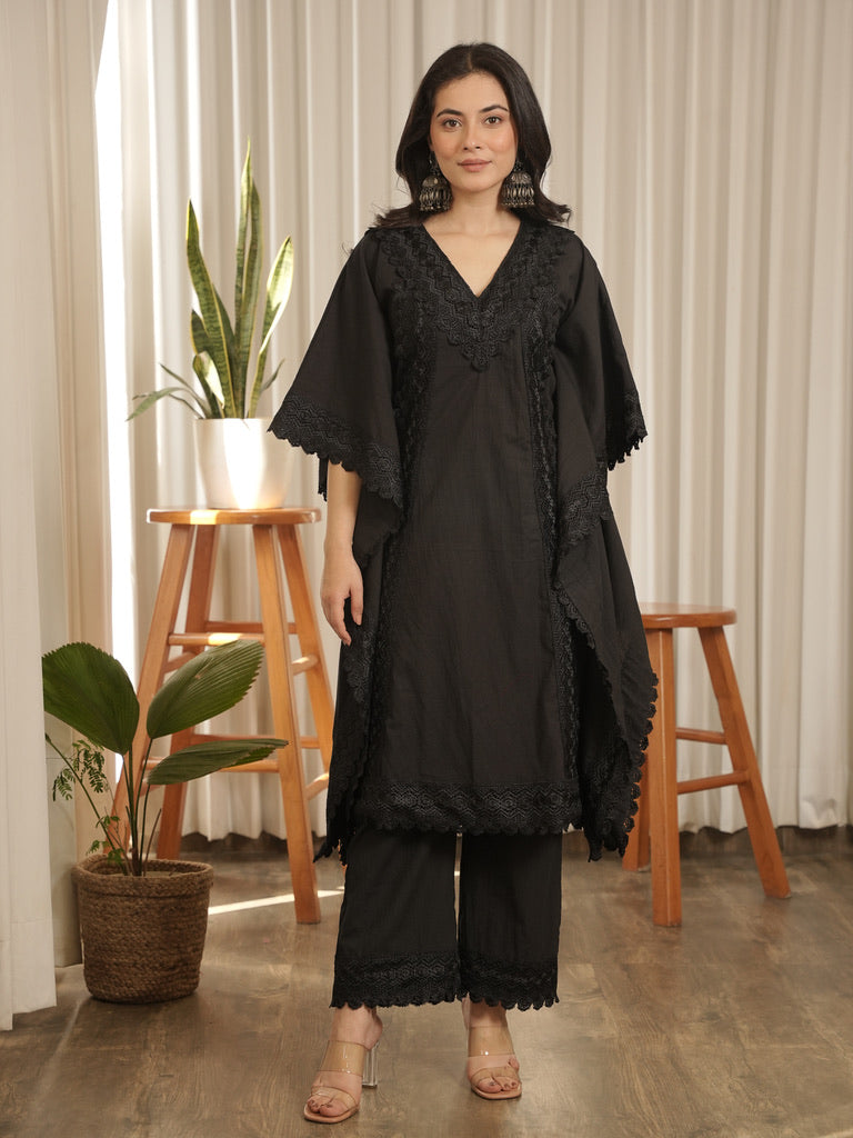 Kaaya Black Lace Work Cotton Kaftaan Set