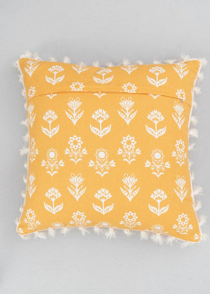 Dahlia Printed 100% Cotton Floral Cushion Cover For Sofa With Tassels - Mustard