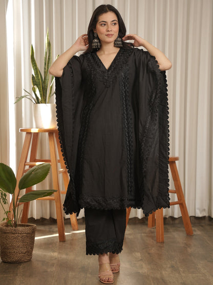 Kaaya Black Lace Work Cotton Kaftaan Set