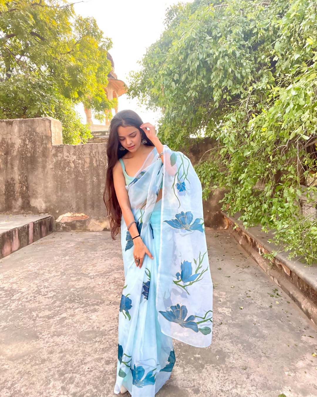 topaz teal 'aarzoo' hand-painted saree (2)