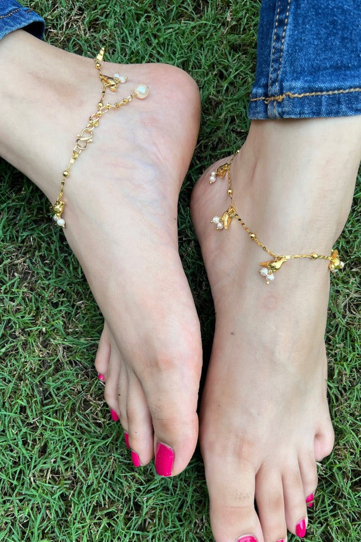 Gold Silver Hummingbird Anklet with Pearls